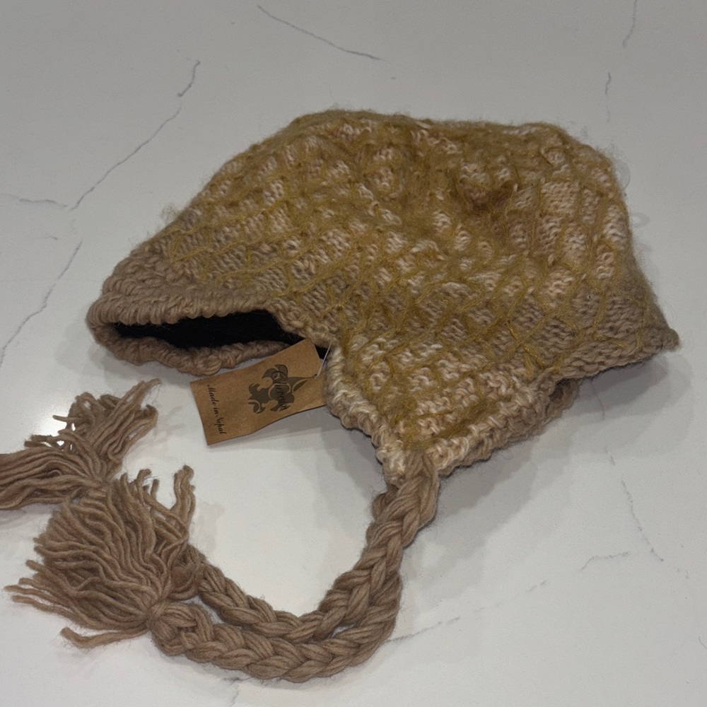 Cheveux light brown and tan Knit Earflap Hat 100%wool exterior,100% PL lining